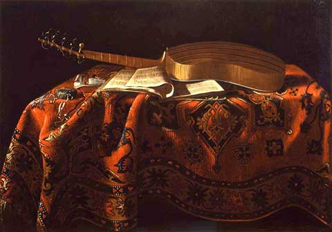 Nature morte avec une guitare, un cahier de musique, une montre sur un tapis Attribué à Michel Boyer (1668-1724)