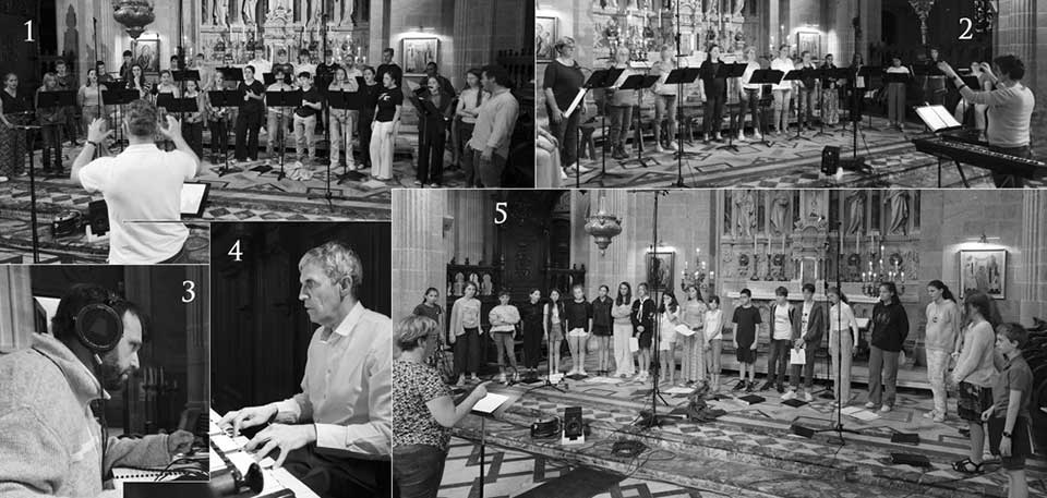 (1) Ensemble vocal, chœur lycéen, (2) Camerata Sainte Anne, chœur de chambre féminin,<br> (3) Julien Reynaud, preneur de son, (4) Michel Jézo, orgue, (5) Maîtrise, chœur collégien <br>(Photos Hervé Mahé)