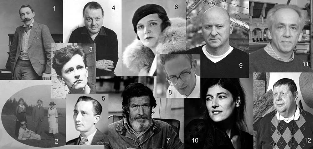 Les « Gymnopédistes »<br> Ricardo Viñes (1), Willy Dortu (2, l’homme couché), Sebastian Gandera (3), E. L. T. Mesens (4), Henri Cliquet-Pleyel (5), Germaine Tailleferre (6), John Cage (7), Adrian Knight (8), Gavin Bryars (9), Claire Vailler (10), Denis Fargeat (11), Dominique Lawalrée 